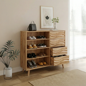 Solid Wood Shoe Cabinet with Drawers and Open Shelves Modern Entryway Shoe Storage Organizer