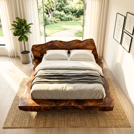 Solid Wood Platform Bed with Live Edge Headboard for Bedroom