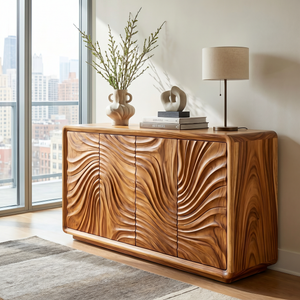 Solid Wood Sideboard Cabinet with Radiating Wave Carved Doors