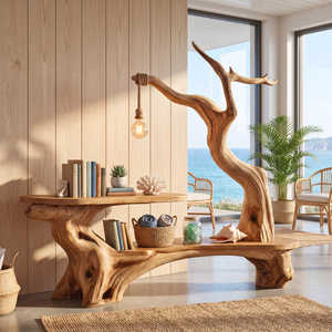 Sculptural Solid Wood Desk with Hanging Light Tree Inspired Writing Table Organic Modern Workspace