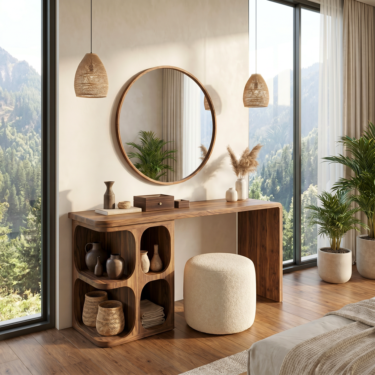 Organic Solid Wood Vanity Desk with Rounded Cubby Storage and Waterfall Panel