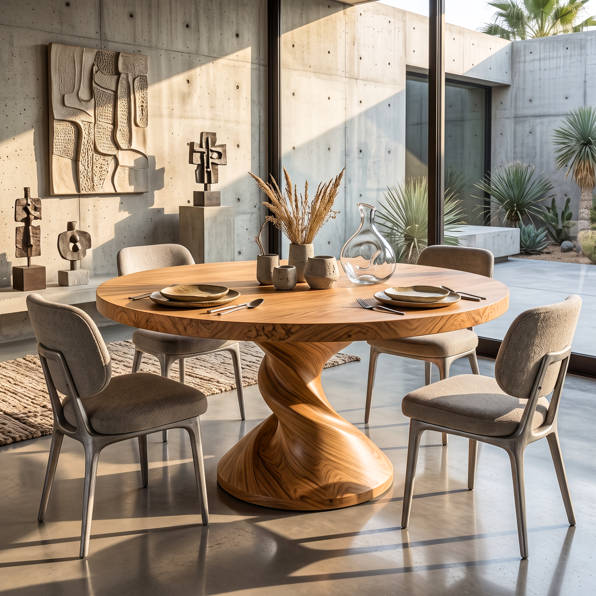 Dining Table with Twisted Pedestal Base and Round Solid Wood Top