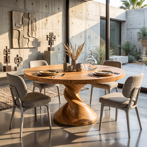 Dining Table with Twisted Pedestal Base and Round Solid Wood Top