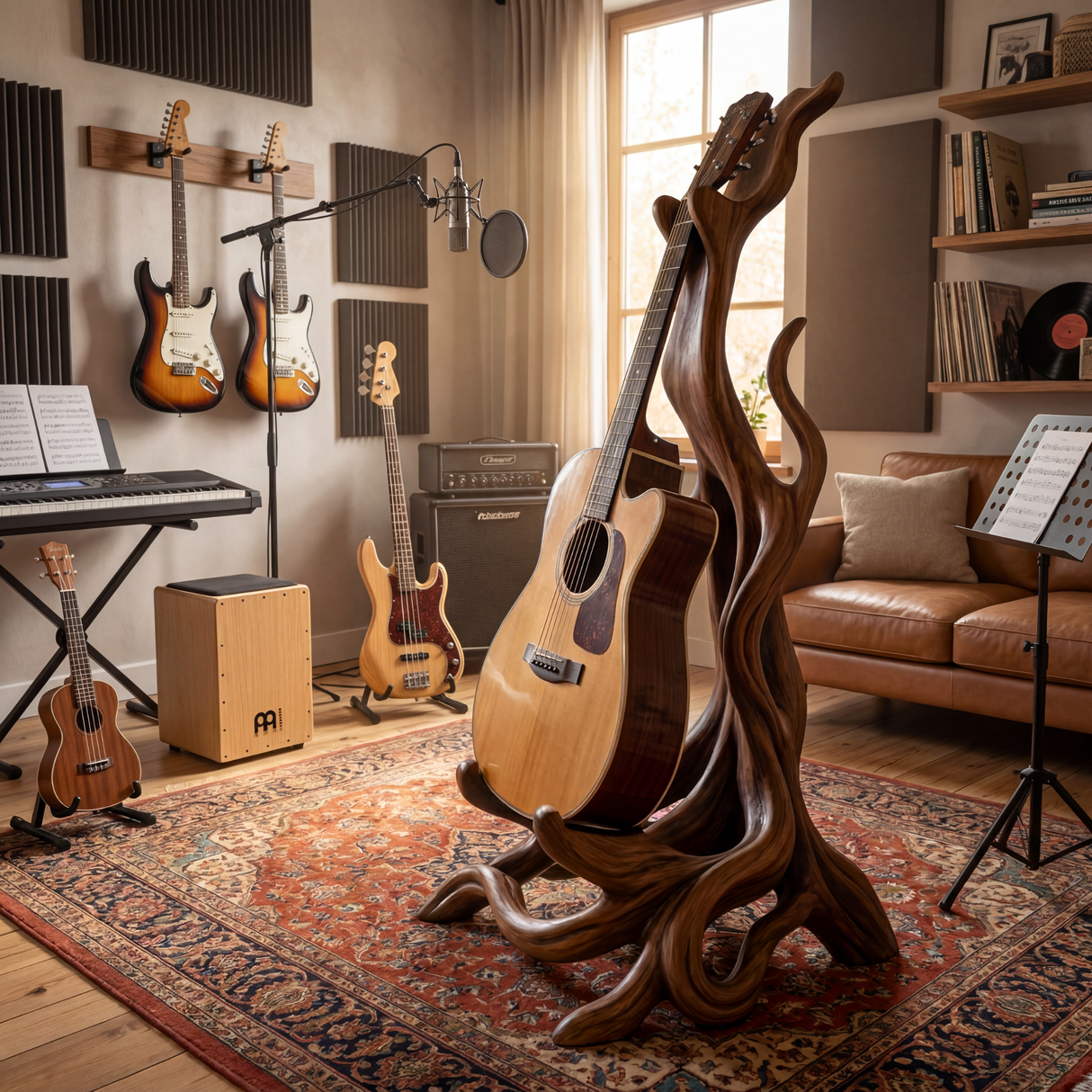 Wooden Guitar Stand with Organic Sculptural Design for Acoustic Guitar Display