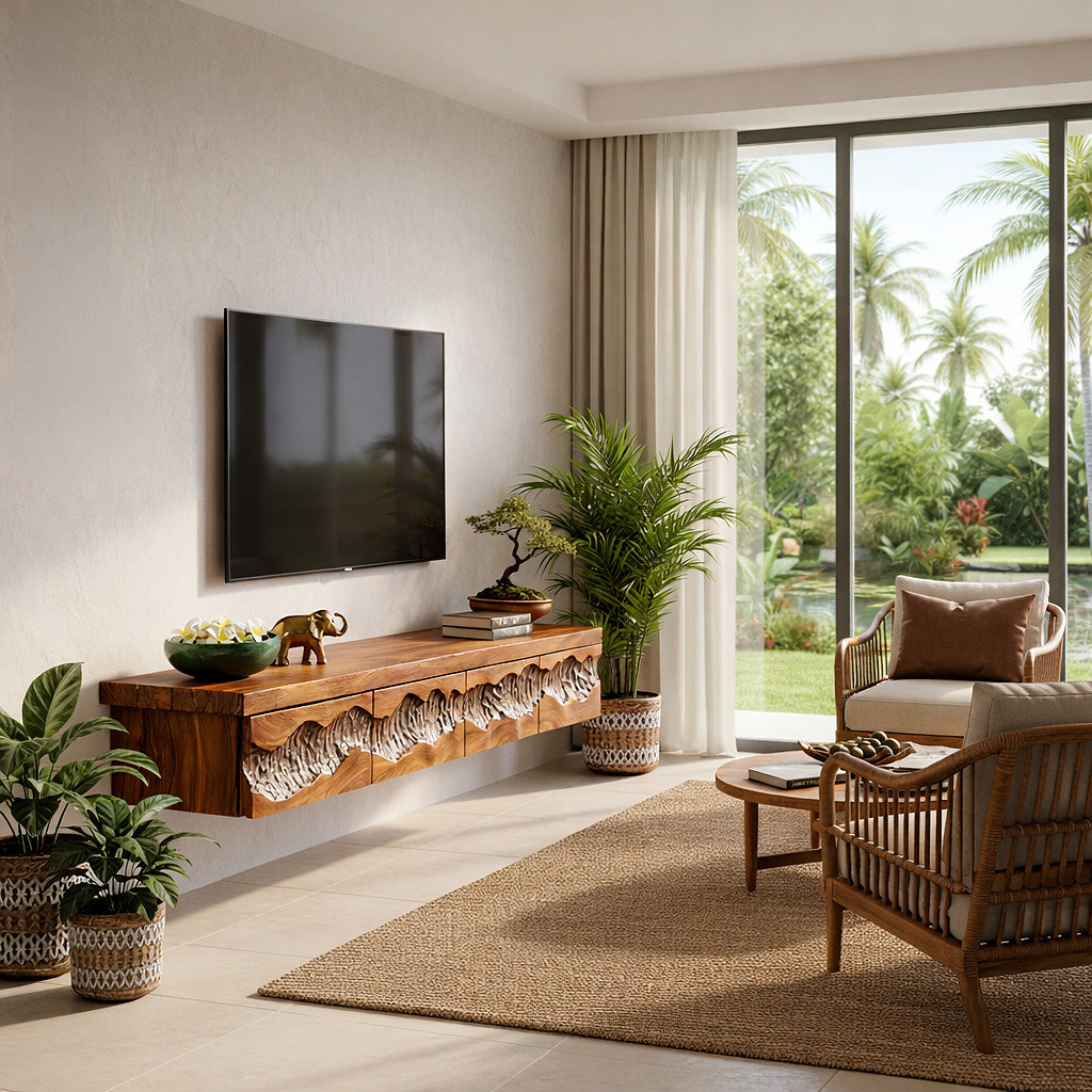 Sculptural Solid Wood Floating TV Console Cabinet