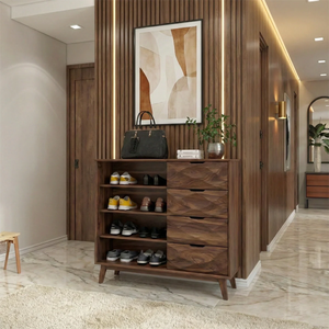 Solid Walnut Entryway Shoe Cabinet with Drawers & Open Shelving