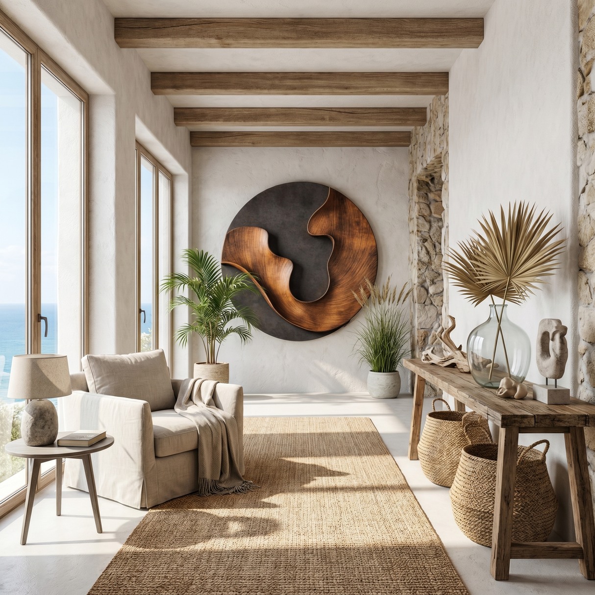 Abstract Round Wood Wall Sculpture with Interlocking Organic Forms