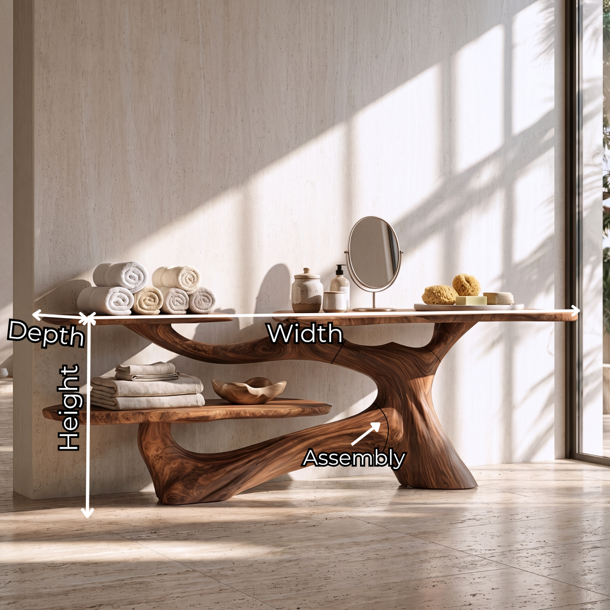 Console Table Solid Wood with Organic Multi Level Shelf Base for Entryway Decor