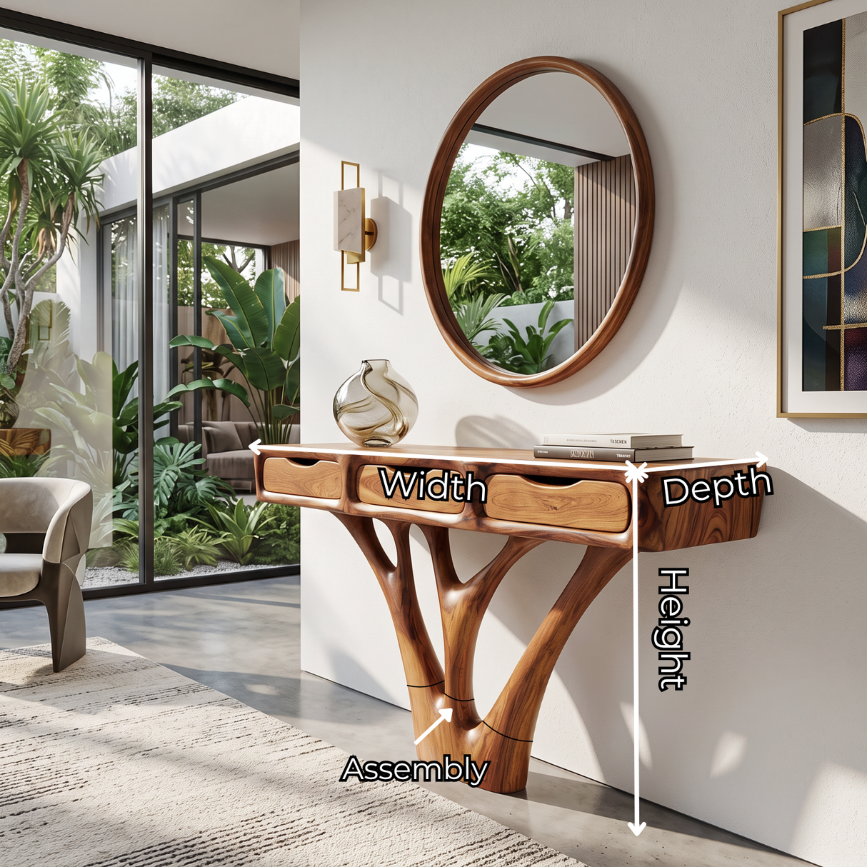 Console Table Solid Wood with Three Drawers and Sculptural Branch Base
