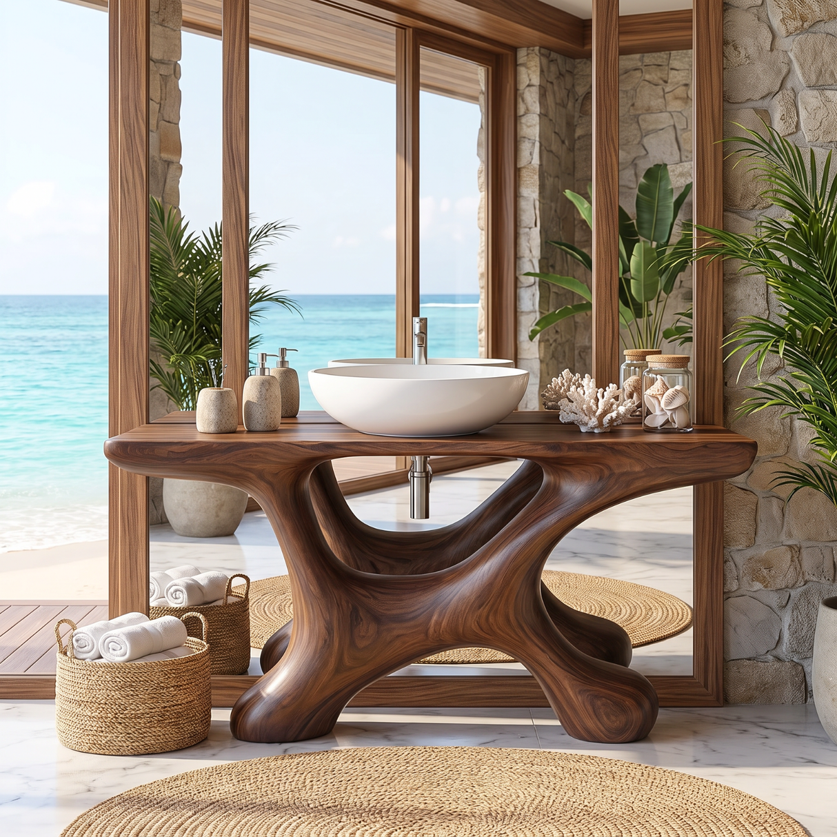 Bathroom Vanity Solid Wood with Sculptural Open Arch Base for Rustic Bathroom