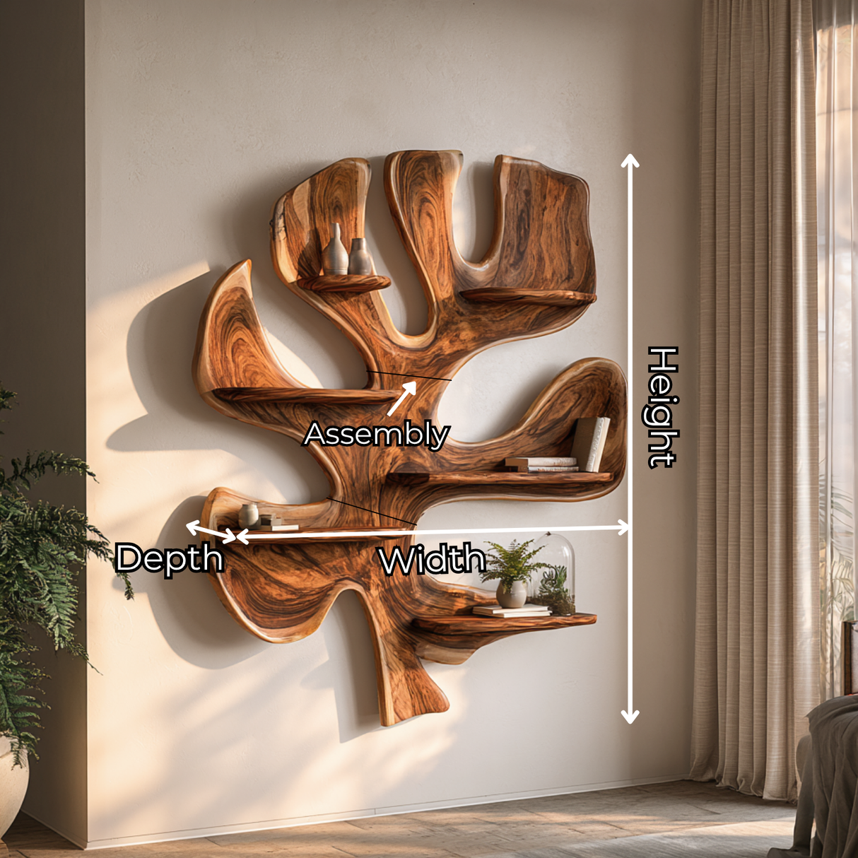 Solid Wood Tree Wall Shelf Sculpture, Organic Wall Mounted Display Shelf Decor