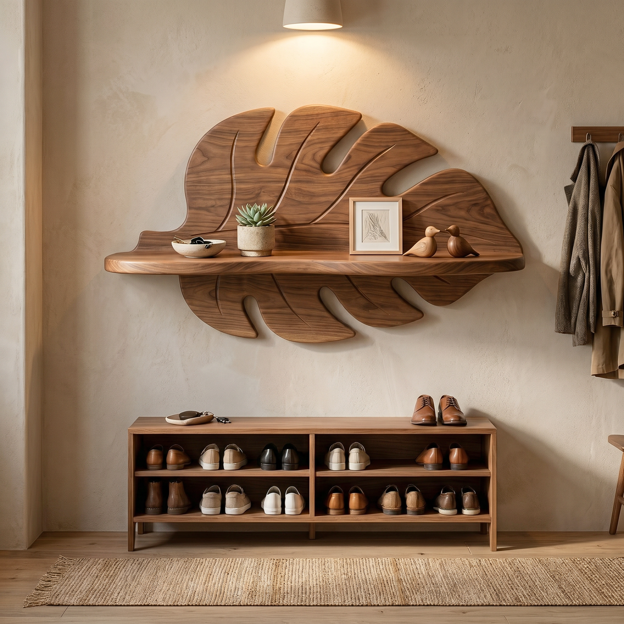 Hand Sculpted Solid Wood Tropical Leaf Wall Shelf with Display Ledge