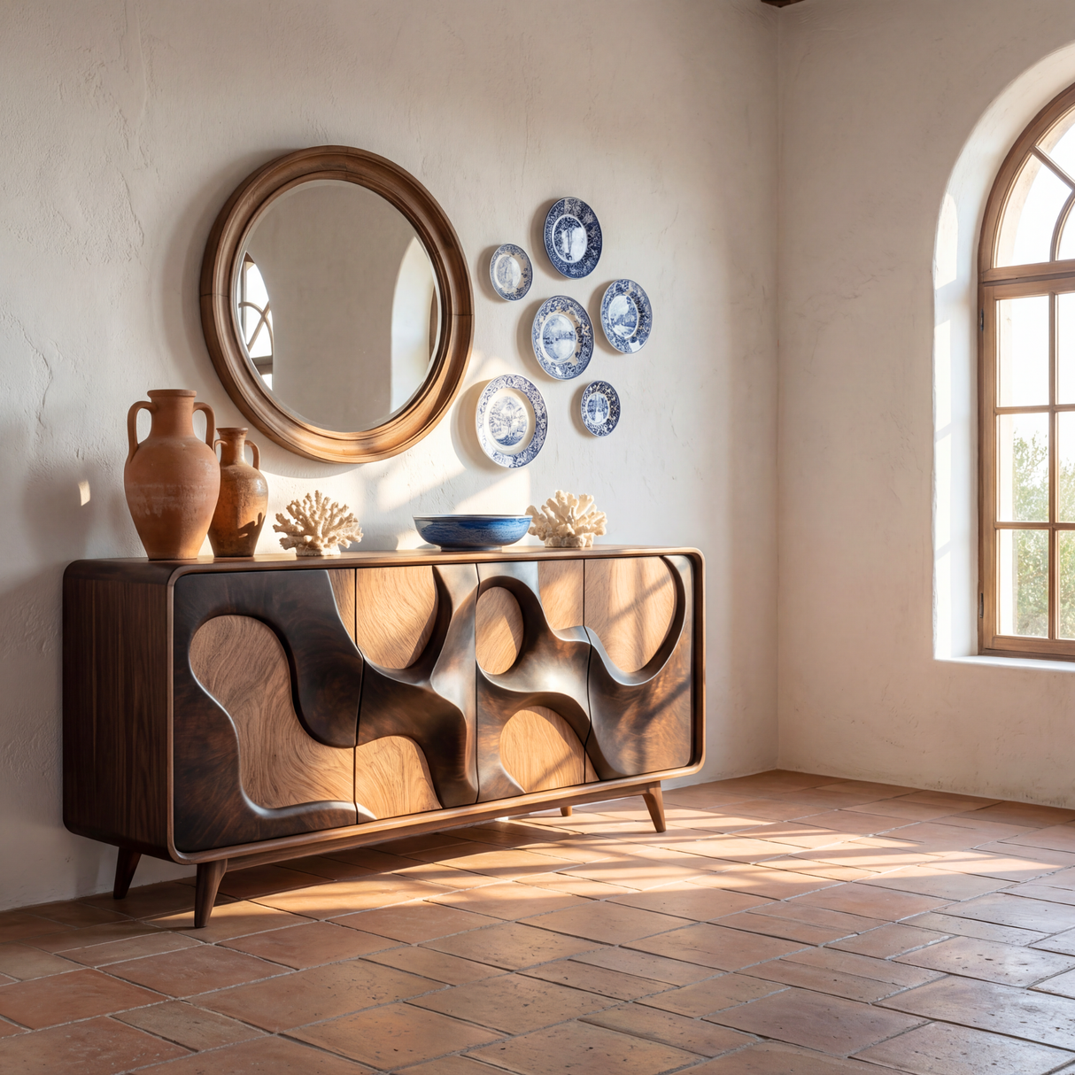 Organic Relief Front Sideboard in Carved Solid Wood for Living and Dining