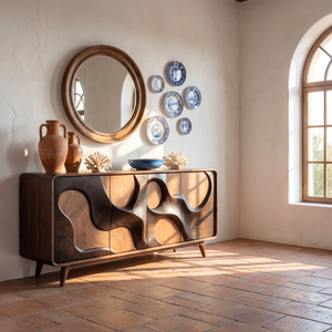 Organic Relief Front Sideboard in Carved Solid Wood for Living and Dining