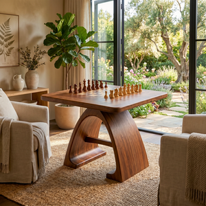 Handcrafted Solid Wood Chess Table with Arched Sculptural Pedestal Base