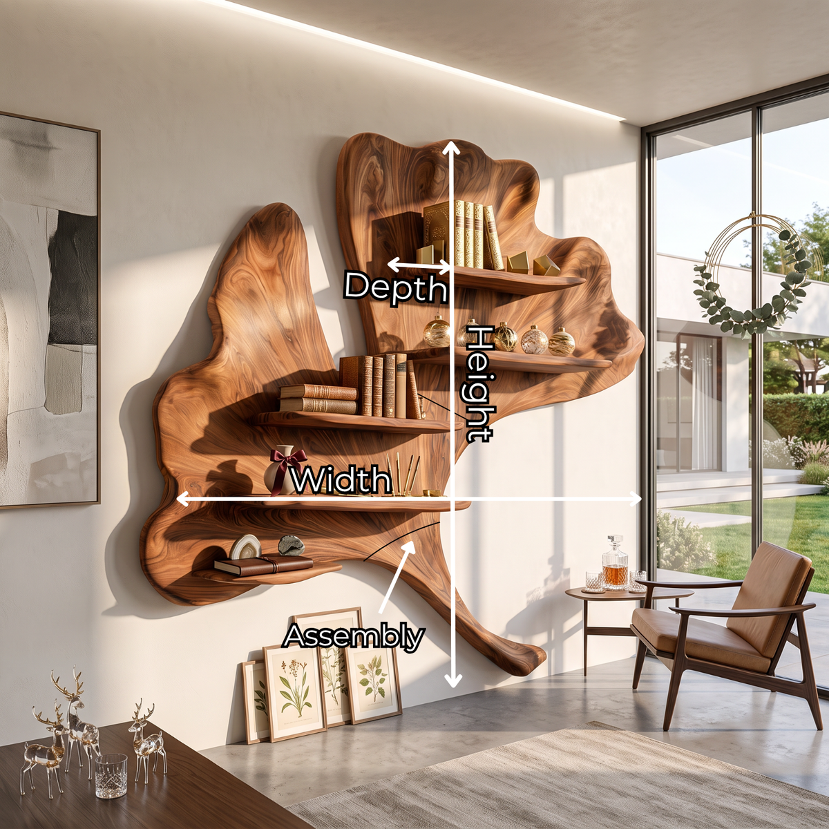 Ginkgo Leaf Solid Wood Wall Shelf with Sculptural Floating Shelves