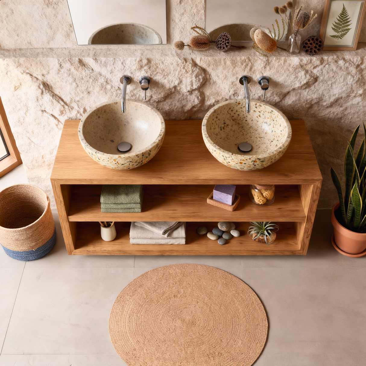 Open Shelf Wood Double Bathroom Vanity
