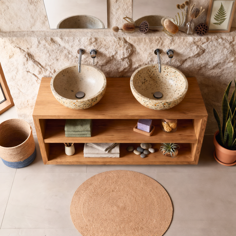 Open Shelf Wood Double Bathroom Vanity