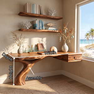 Live Edge Solid Wood Desk with Sculptural Curved Leg and Floating Drawer