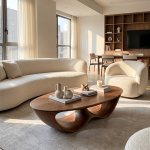 Solid Wood Coffee Table with Double Curved Hollow Base for Living Room