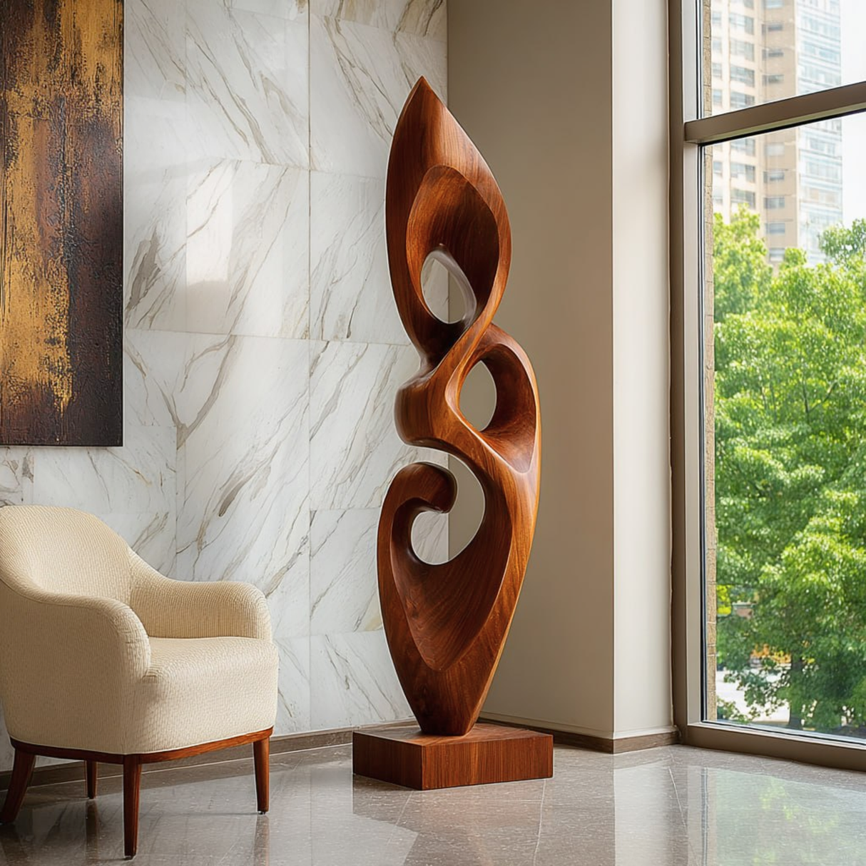 Handcrafted Solid Wood Abstract Floor Sculpture with Layered Open Form