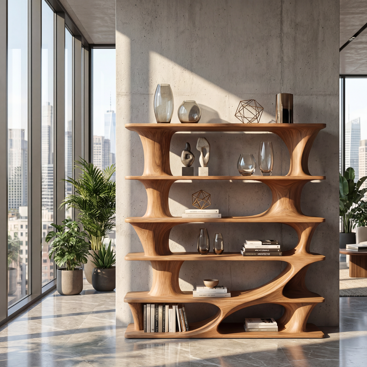 Architectural Tiered Wood Bookcase with Flowing Open Shelves