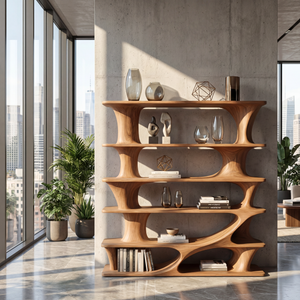 Architectural Tiered Wood Bookcase with Flowing Open Shelves