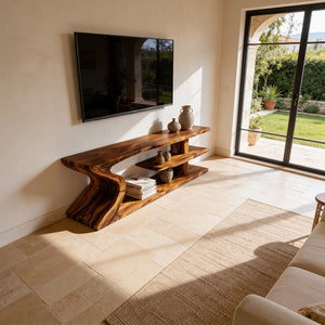 Sculptural Live Edge Wood TV Stand with Flowing Base