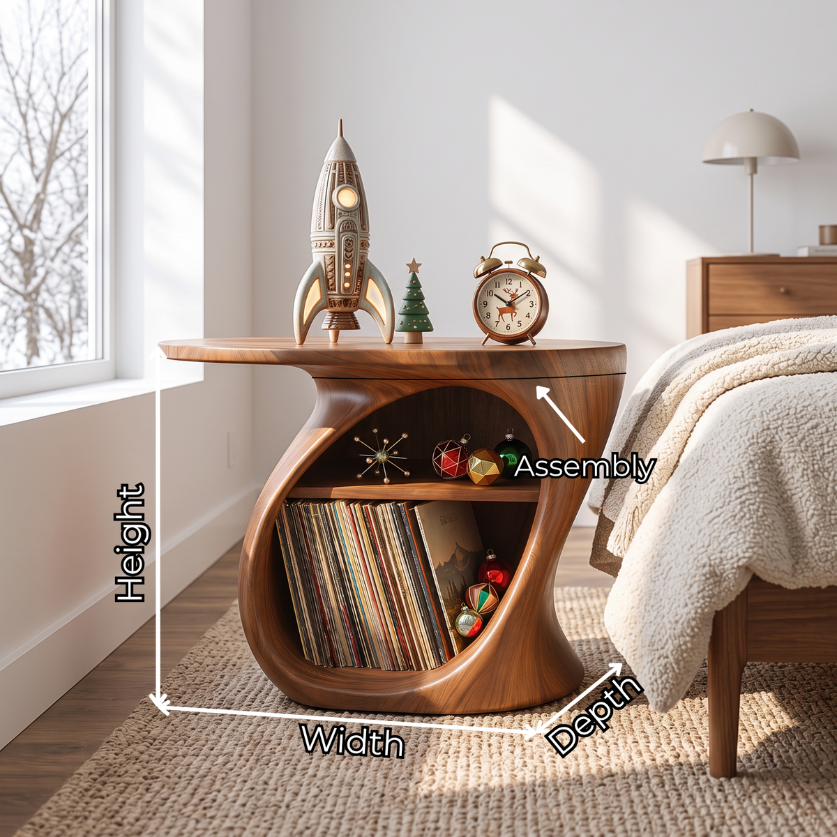 Organic Solid Wood Side Table with Open Shelf and Vinyl Record Storage
