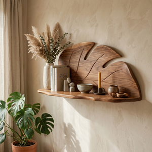 Hand Carved Solid Wood Monstera Leaf Wall Shelf for Decorative Display