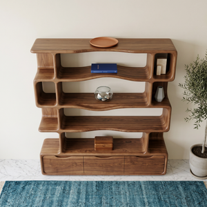 Solid Wood Bookshelf with Wavy Open Shelves and Storage Drawers