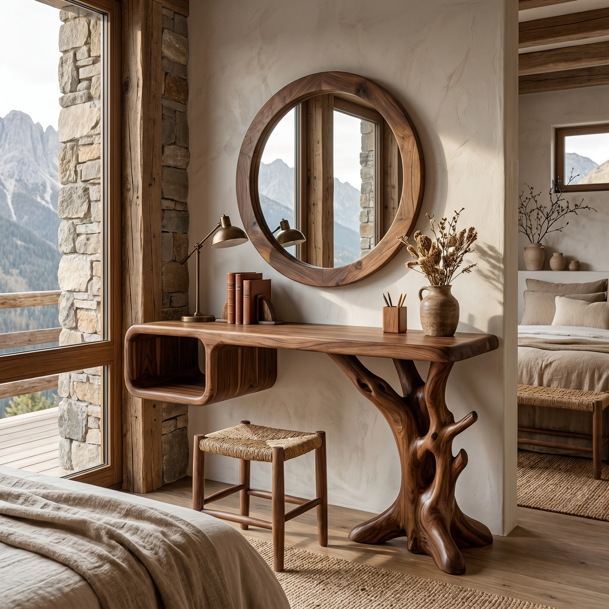 Handmade Solid Wood Vanity Table with Floating Cubby Shelf and Sculptural Tree Base