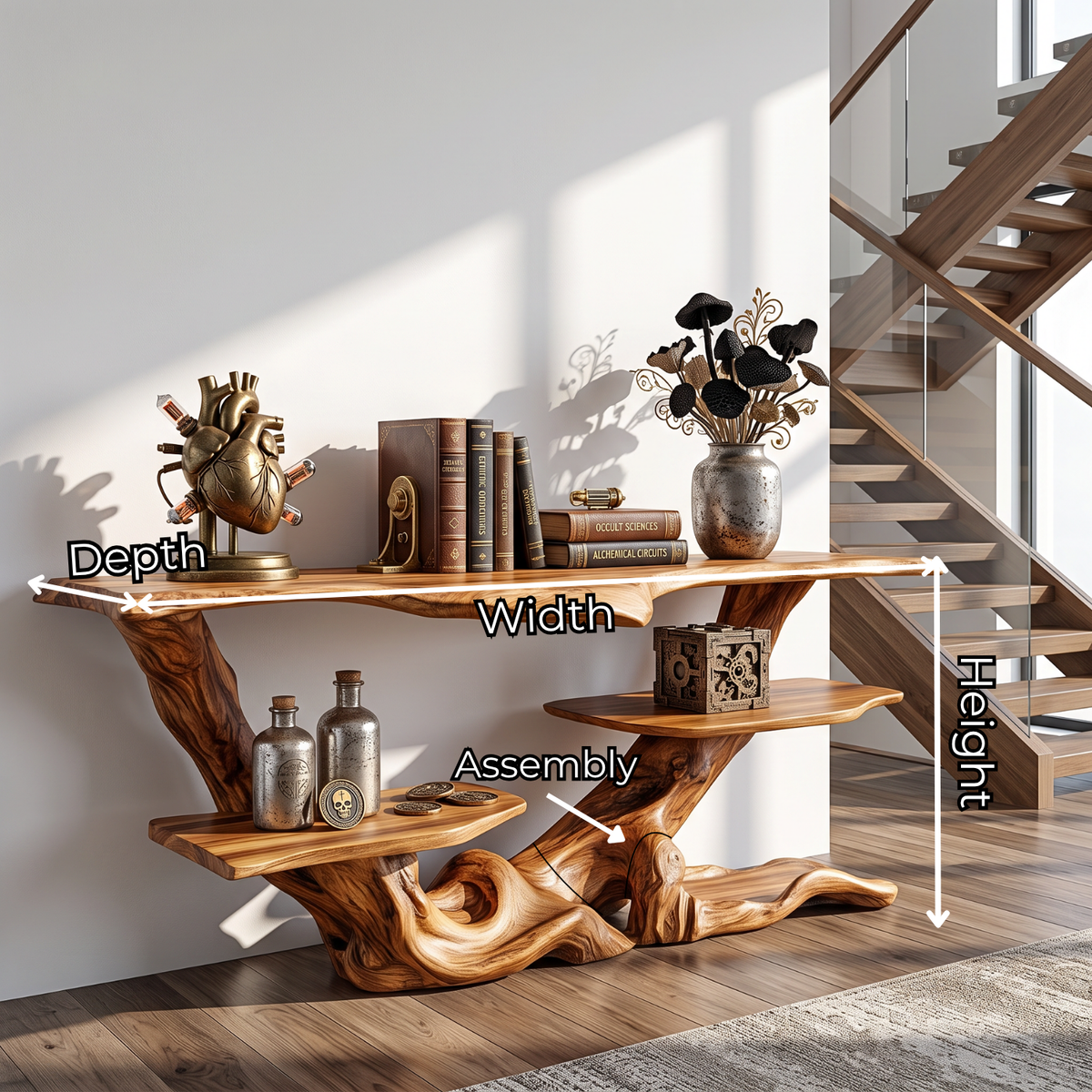 Sculptural Solid Wood Console Table with Tiered Shelves and Organic Root Base