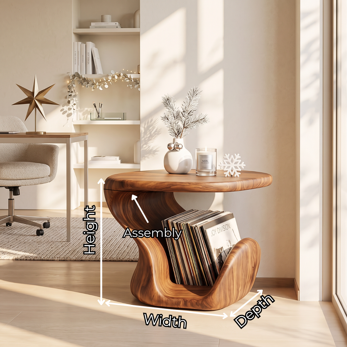 Sculptural Solid Wood Side Table with Curved Vinyl Record Storage