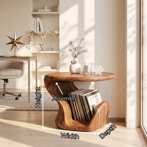 Sculptural Solid Wood Side Table with Curved Vinyl Record Storage