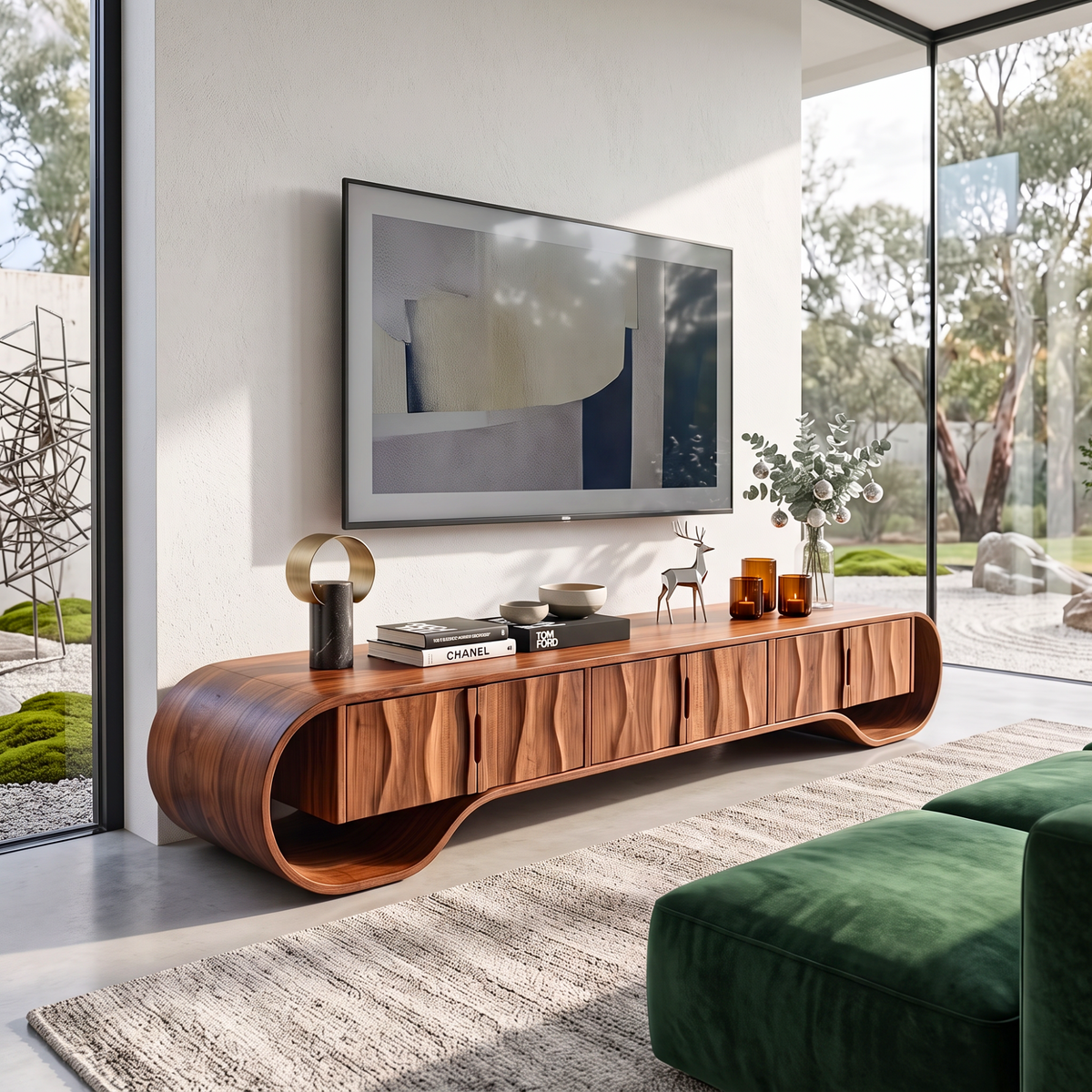 TV Stand with Sculptural Oval Frame and Natural Grain Cabinet Doors