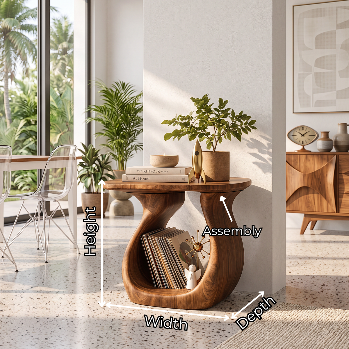 Sculptural Solid Wood Side Table with Open Loop Base