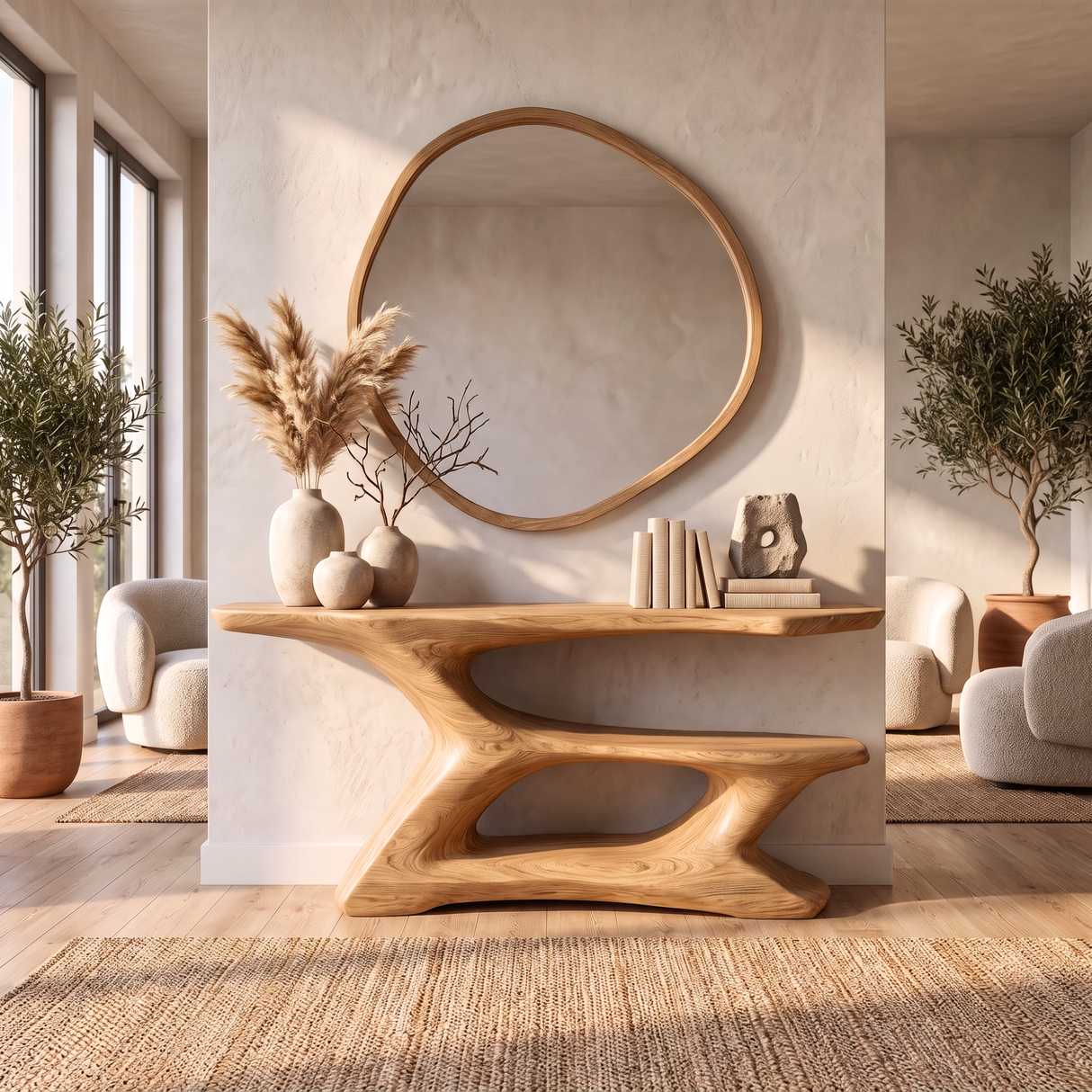 Console Table Solid Wood with Sculptural Tiered Arch Base