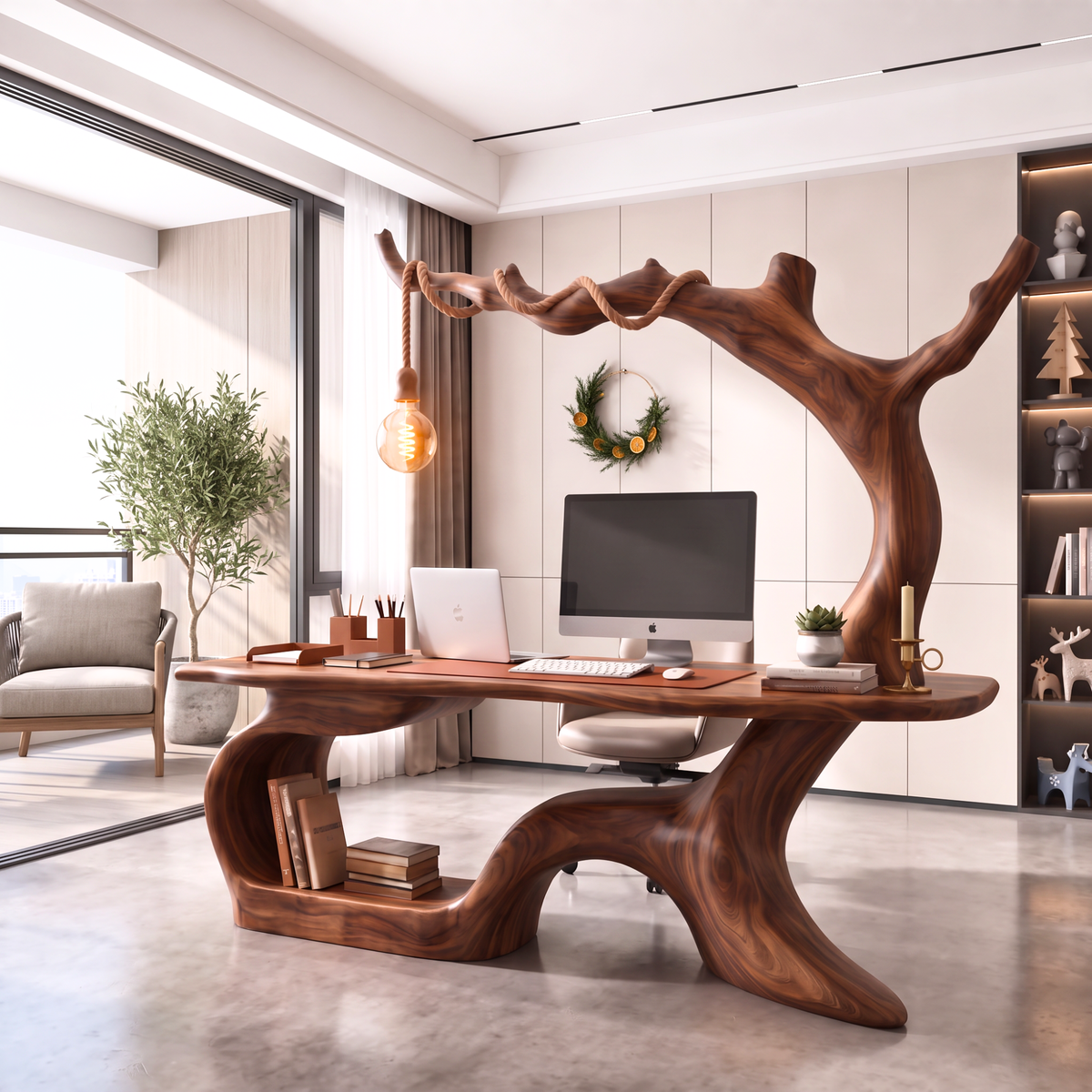 Handmade Solid Wood Tree Desk With Hanging Lamp Organic Modern Sculptural Office Table