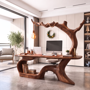 Handmade Solid Wood Tree Desk With Hanging Lamp Organic Modern Sculptural Office Table