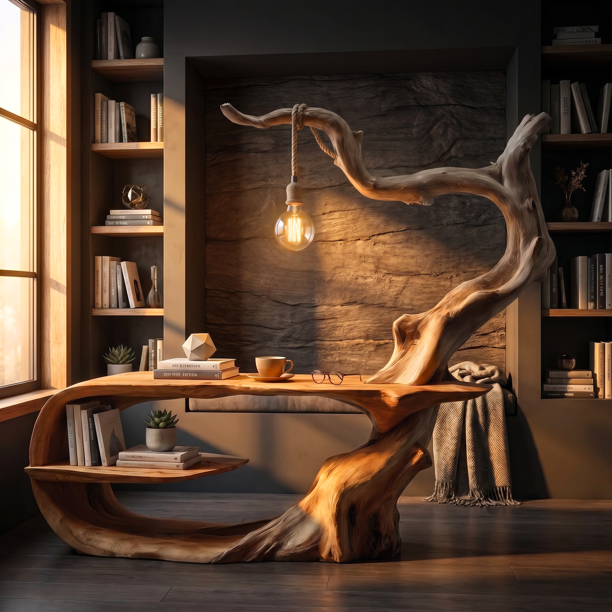 Artistic Tree Root Wood Desk Handmade Sculptural Workspace Furniture