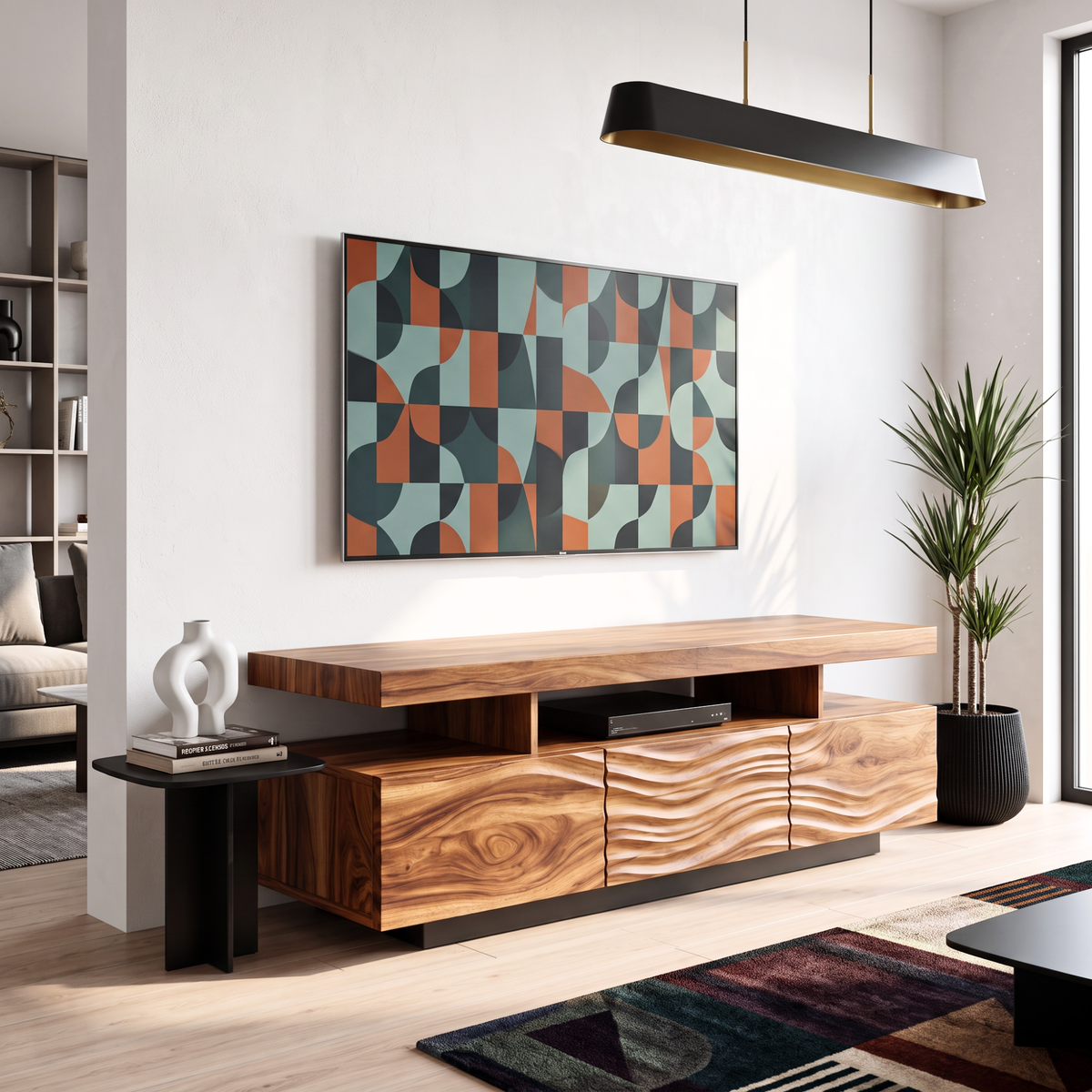 Solid Wood TV Stand with Floating Top and Sculpted Wave Front Cabinet