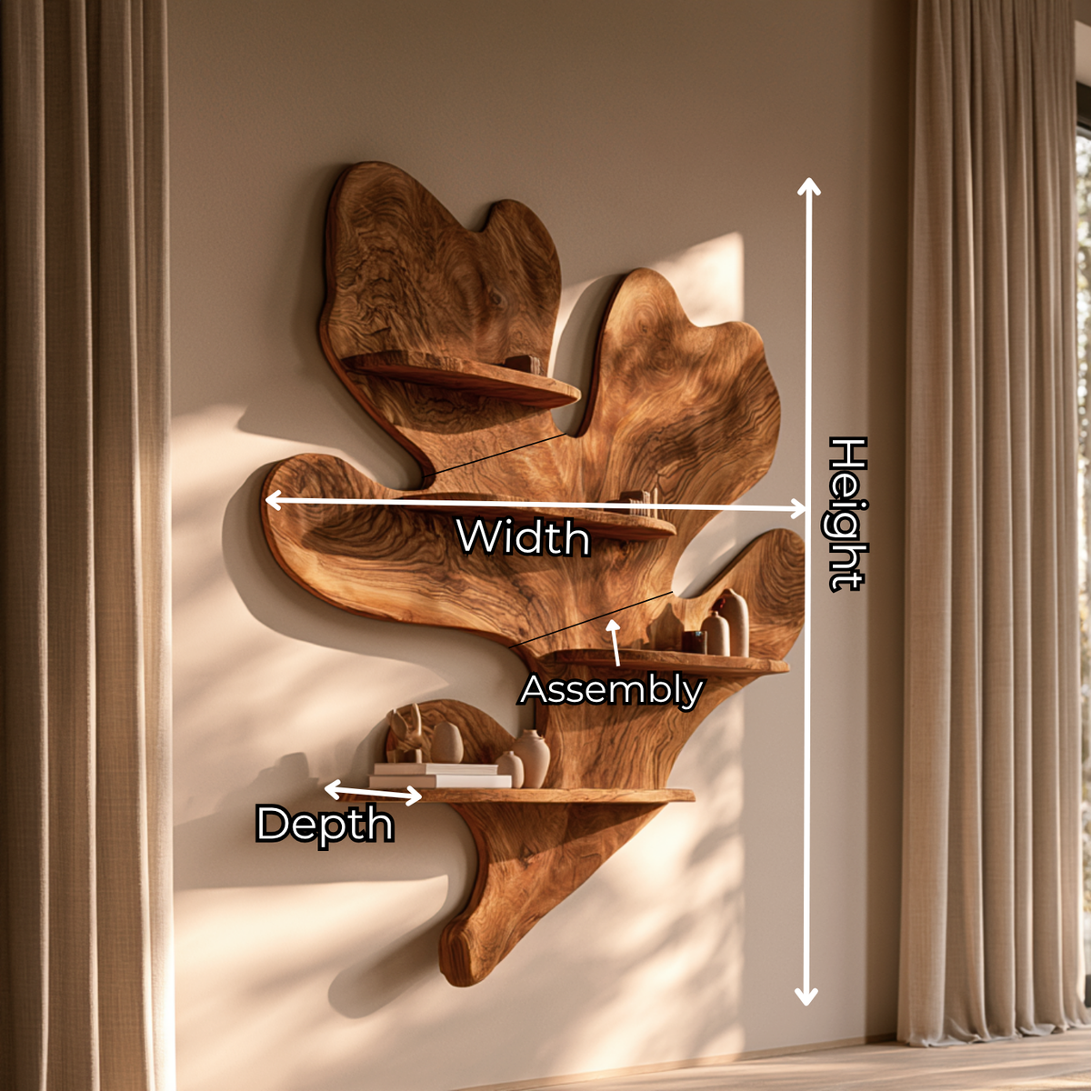 Solid Wood Wall Shelf with Organic Freeform Design for Living Room Decor