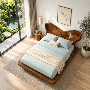 Sculptural Solid Wood Platform Bed with Organic Curved Headboard for Bedroom