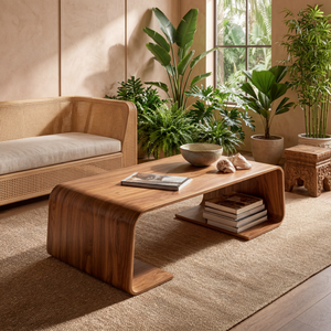 Solid Wood Coffee Table with Waterfall Form and Open Shelf