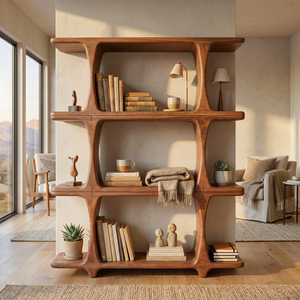Handcrafted Solid Wood Open Bookshelf with Sculptural Frame