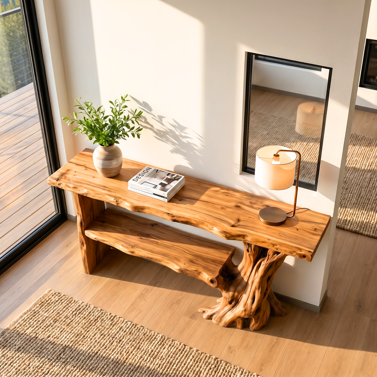 Rustic Wooden Console Table Tree Form Entryway Shelf