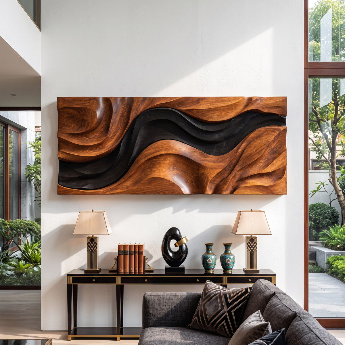 Wall Sculpture Abstract Tides with Flowing Black and Natural Wood Layers
