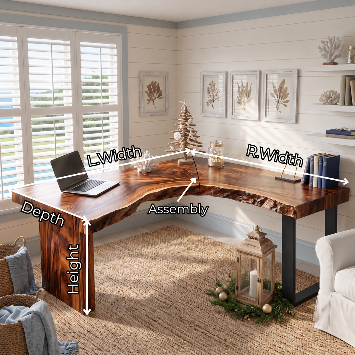 Live Edge Solid Wood L Shaped Desk with Wood Panel and Black Metal Leg