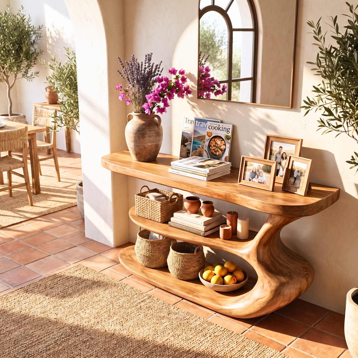 Organic Wooden Console Shelf Handmade Sculptural Storage Table